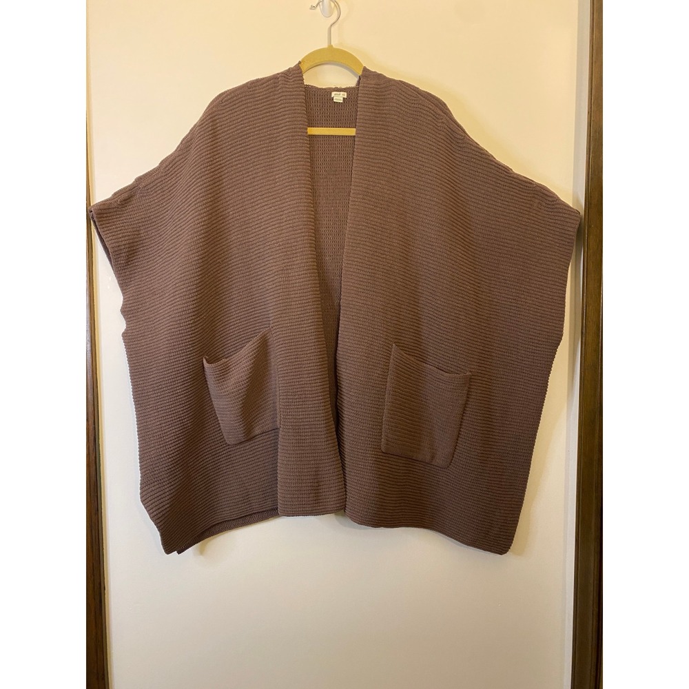 Aerie Hooded Cardigan Sweater Mauve Brown Ribbed Knit Open Front Pockets Medium